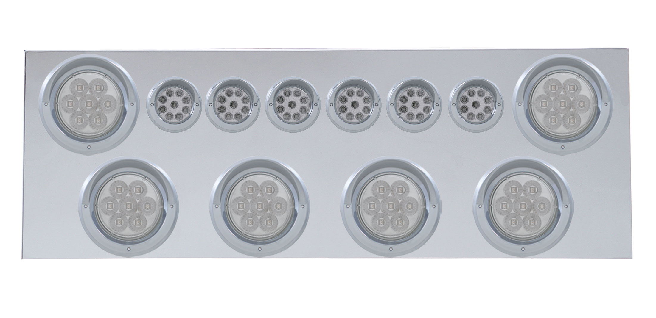 Stainless Steel Rear Center Light Panel W/ Six 7 Led 4" & 9 Led 2" Reflector Light W/ Visor - Red Led/Clear Lens