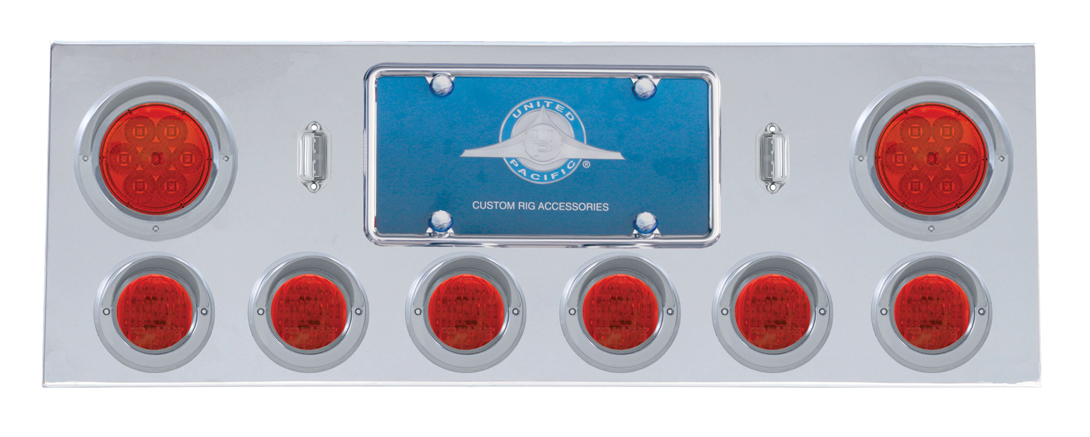 Stainless Steel Rear Center Light Panel W/ Two 7 Led 4" & Six 13 Led 2 1/2" Flat Light W/ Visor - Red Led/Red Lens