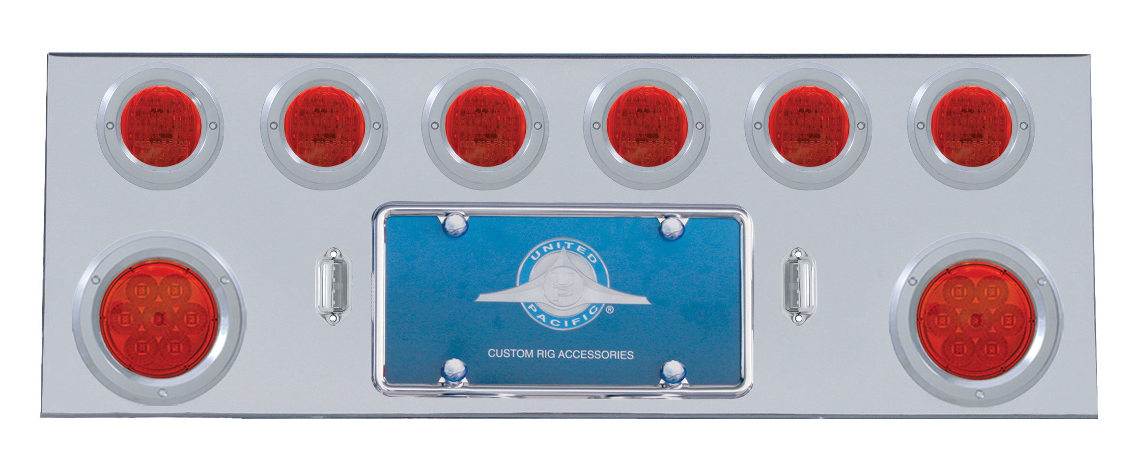Stainless Steel Rear Center Light Panel W/ Two 7 Led 4" & Six 13 Led 2 1/2" Flat Lt W/ Bezel - Red Led/Red Lens