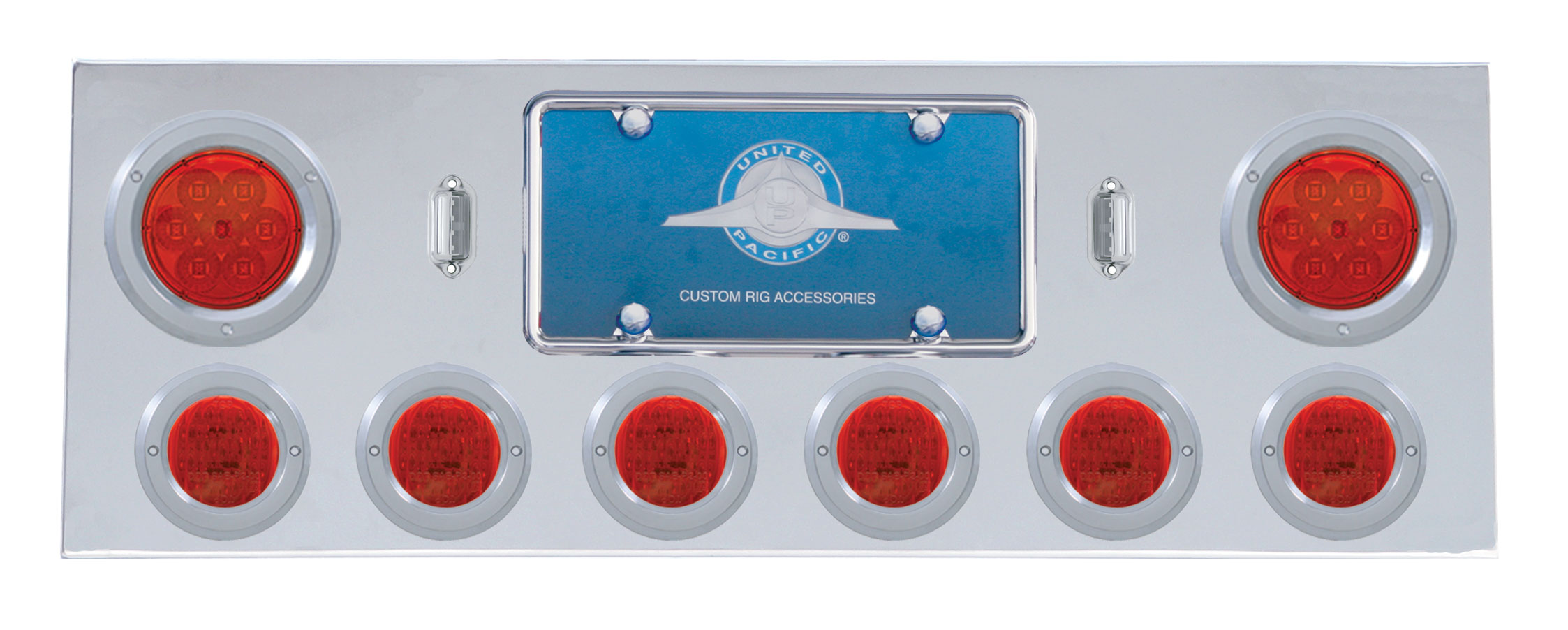 Stainless Steel Rear Center Light Panel W/ Two 7 Led 4" & Six 13 Led 2 1/2" Flat Light W/ Bezel - Red Led/Red Lens