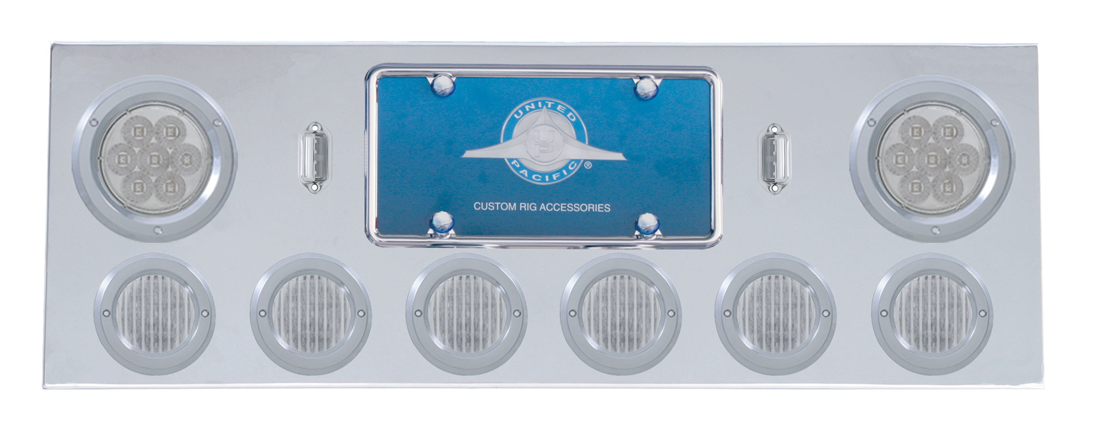 Stainless Steel Rear Center Light Panel W/ Two 7 Led 4" & Six 13 Led 2 1/2" Flat Light W/ Bezel - Red Led/Clear Lens