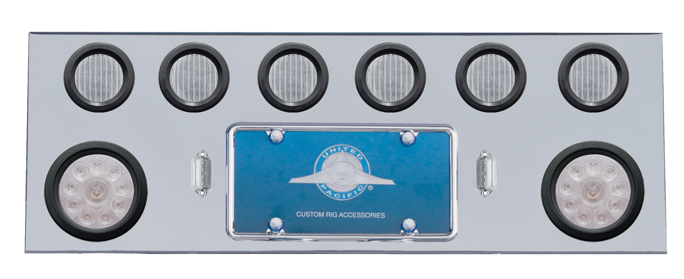 Stainless Steel Rear Center Light Panel W/ Two 10 Led 4" & Six 13 Led 2 1/2" Flat Lt W/ Grommet - Red Led/Clear Lens