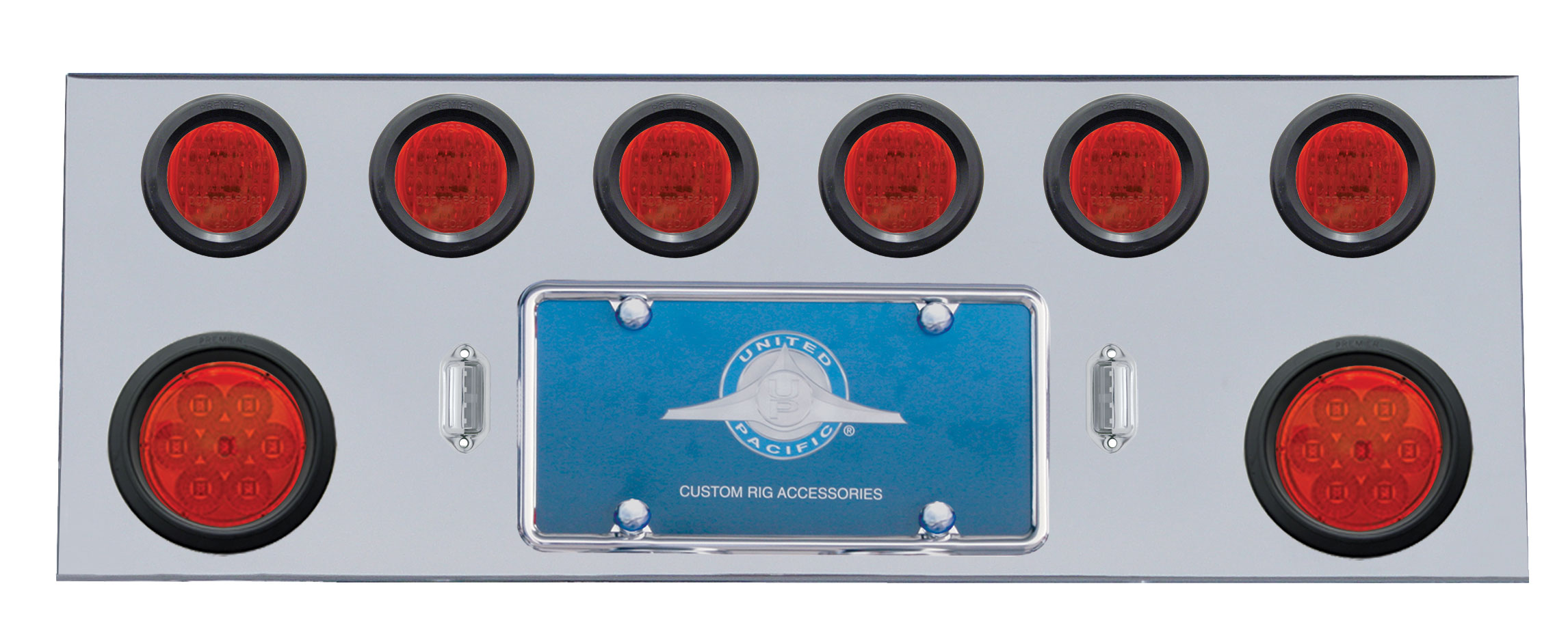 Stainless Steel Rear Center Light Panel W/ Two 7 Led 4" & Six 13 Led 2 1/2" Flat Lt W/ Grommet - Red Led/Red Lens