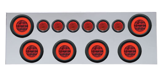 430 Stainless Steel Rear Center Light Panel W/ Six 21 Led 4" Halo & 9 Led 2" Flat Light W/ Grommet - Red Led/Red Lens