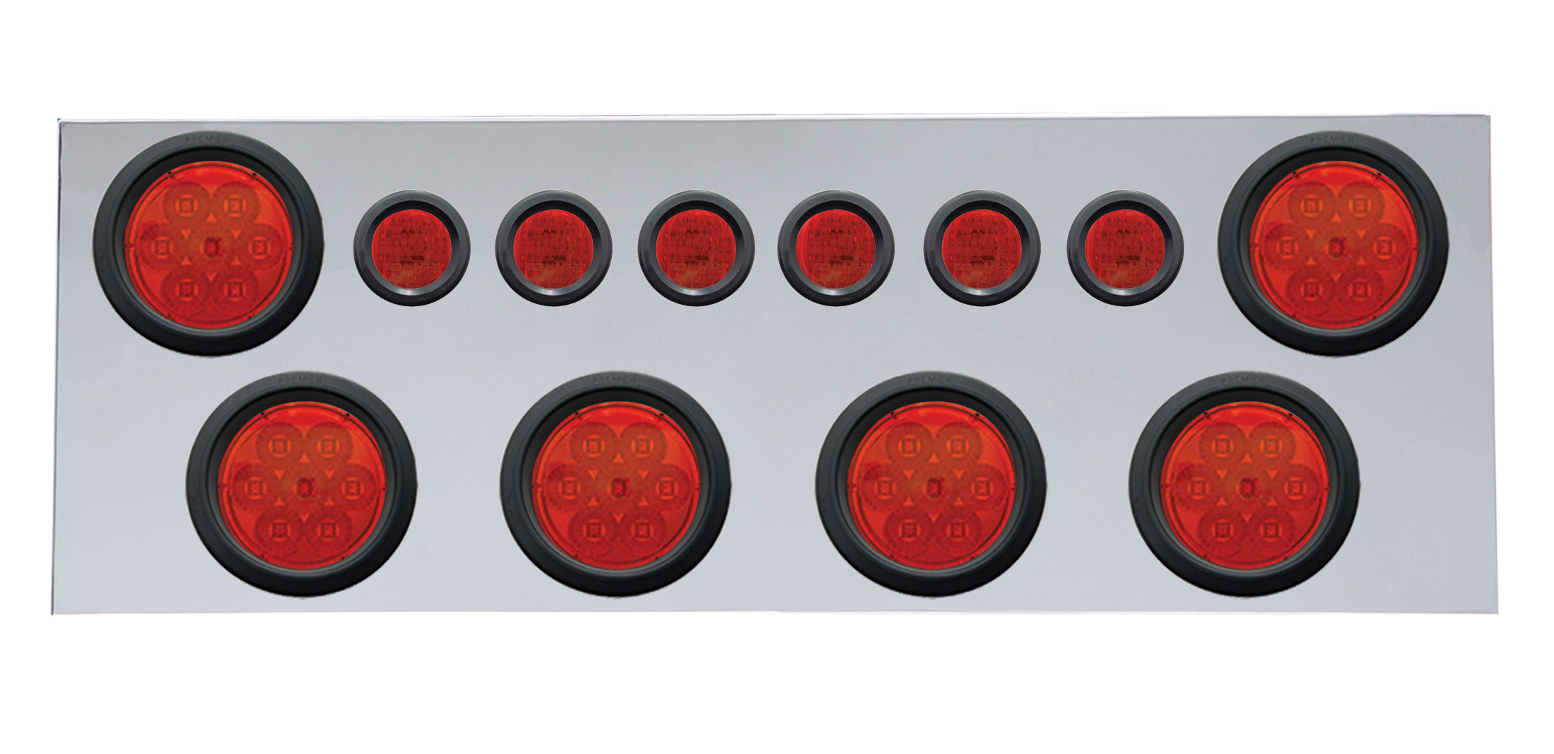 Stainless Steel Rear Center Light Panel W/ Six 7 Led 4" & 9 Led 2" Flat Light W/ Grommet - Red Led/Red Lens