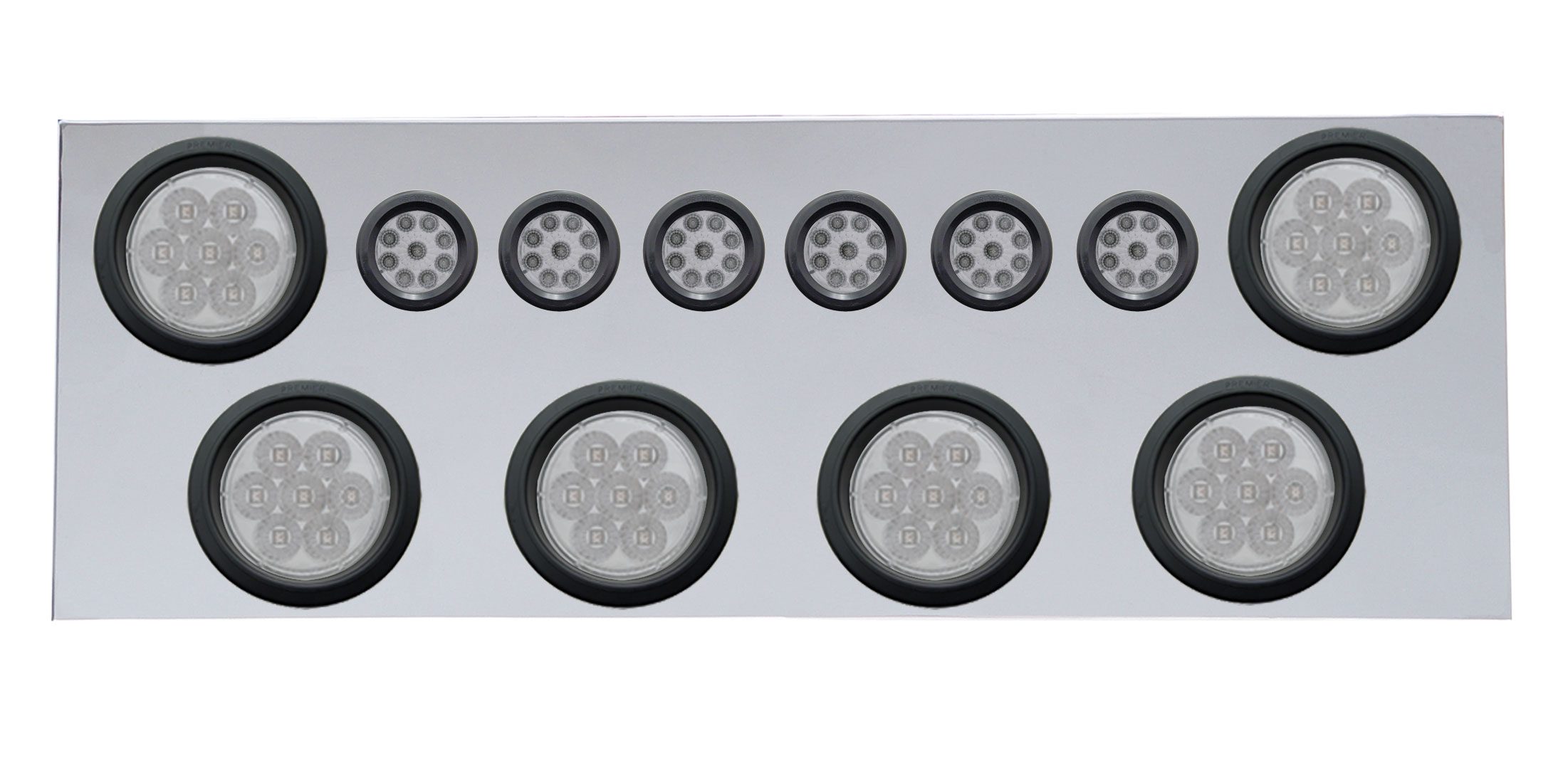 Stainless Steel Rear Center Light Panel W/ Six 7 Led 4" & 9 Led 2" Reflector Light W/ Grommet - Red Led/Clear Lens