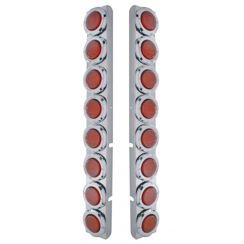 (2/Bulk) Stainless Steel Peterbilt 16 Led Cutout Rear A/C Bracket W/2" 9 Red Led Flat Light & Chrome Pl. Bezel - Red Lens