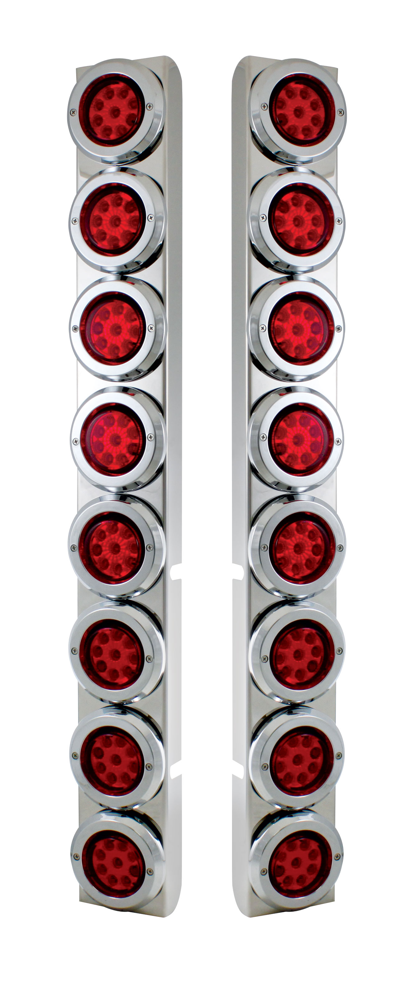 (2/Bulk) Stainless Steel Peterbilt 16 Led Cutout Rear A/C Bracket W/2" 9 Red Led Flat Reflector Light & Chrome Pl. Bezel - Red Lens
