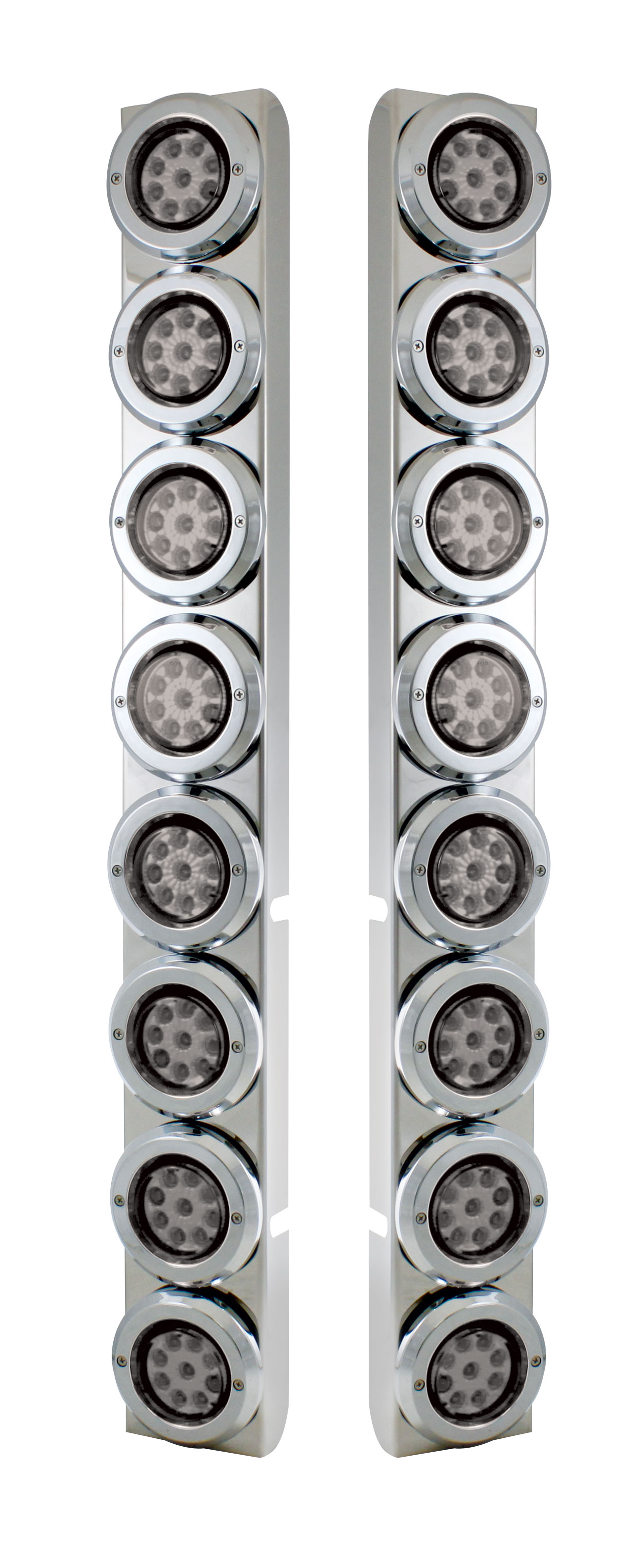(2/Bulk) Stainless Steel Peterbilt 16 Led Cutout Rear A/C Bracket W/2" 9 Red Led Flat Reflector Light & Chrome Pl. Bezel - Clear Lens