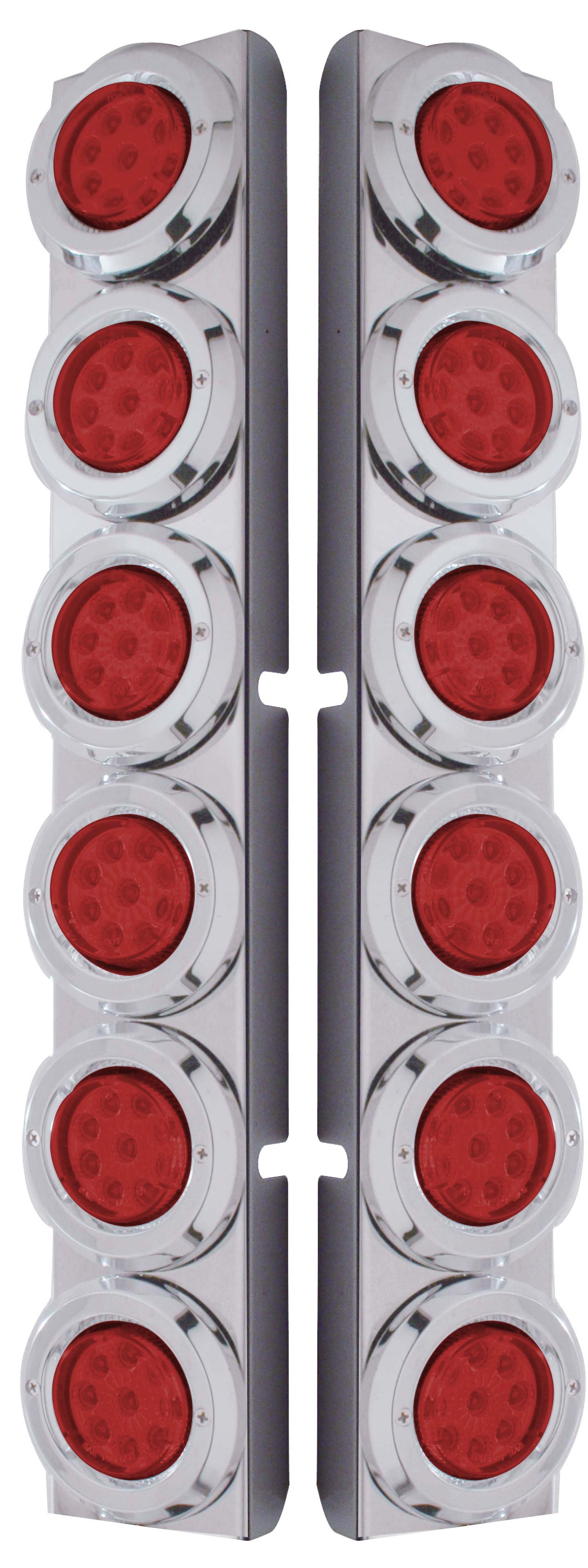 (2/Bulk) Stainless Steel Peterbilt 12 Led Cutout Rear A/C Bracket W/2" 9 Red Led Flat Reflector Light & Chrome Pl. Bezel - Red Lens