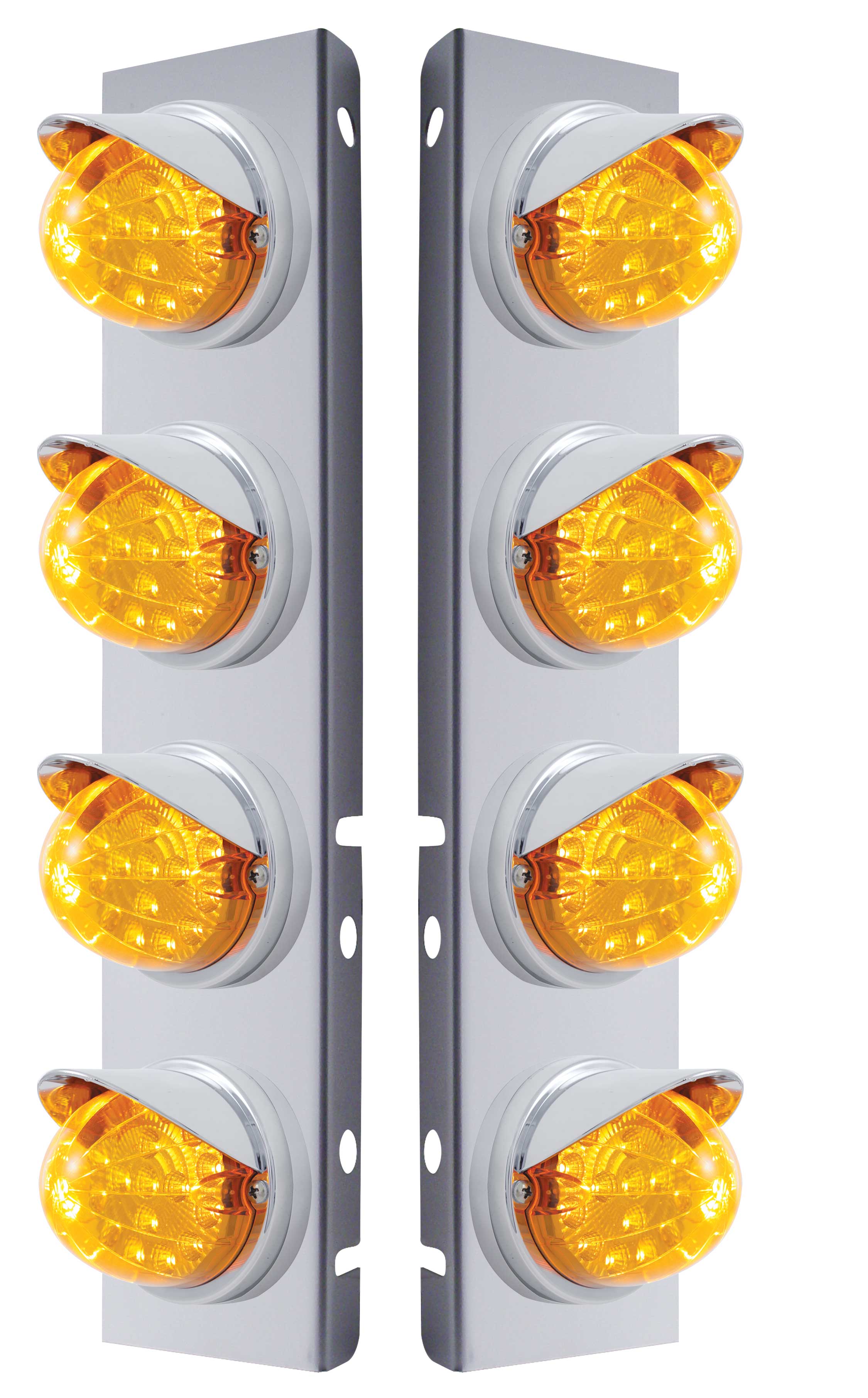 (2/Bulk) Stainless Steel Peterbilt 8 Led Cutout A/C Bracket W/ 17 Amber Led Clear W/ Reflector Cab Lt & Cr Visor - Amber Lens