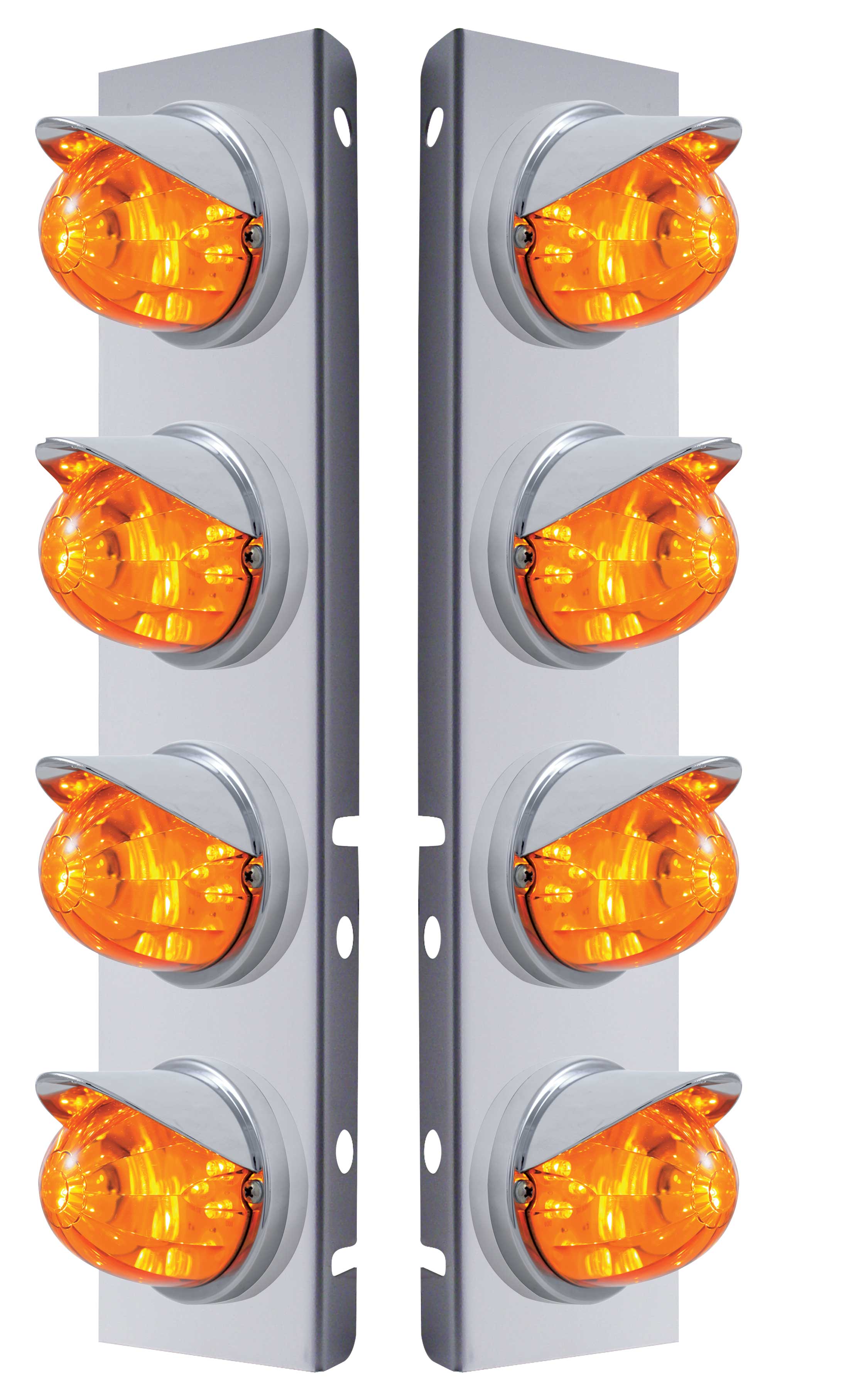 (2/Bulk) Stainless Steel Peterbilt 8 Led Cutout A/C Bracket W/ 17 Amber Led Watermelon Cab Light & Cr Visor - Amber Lens