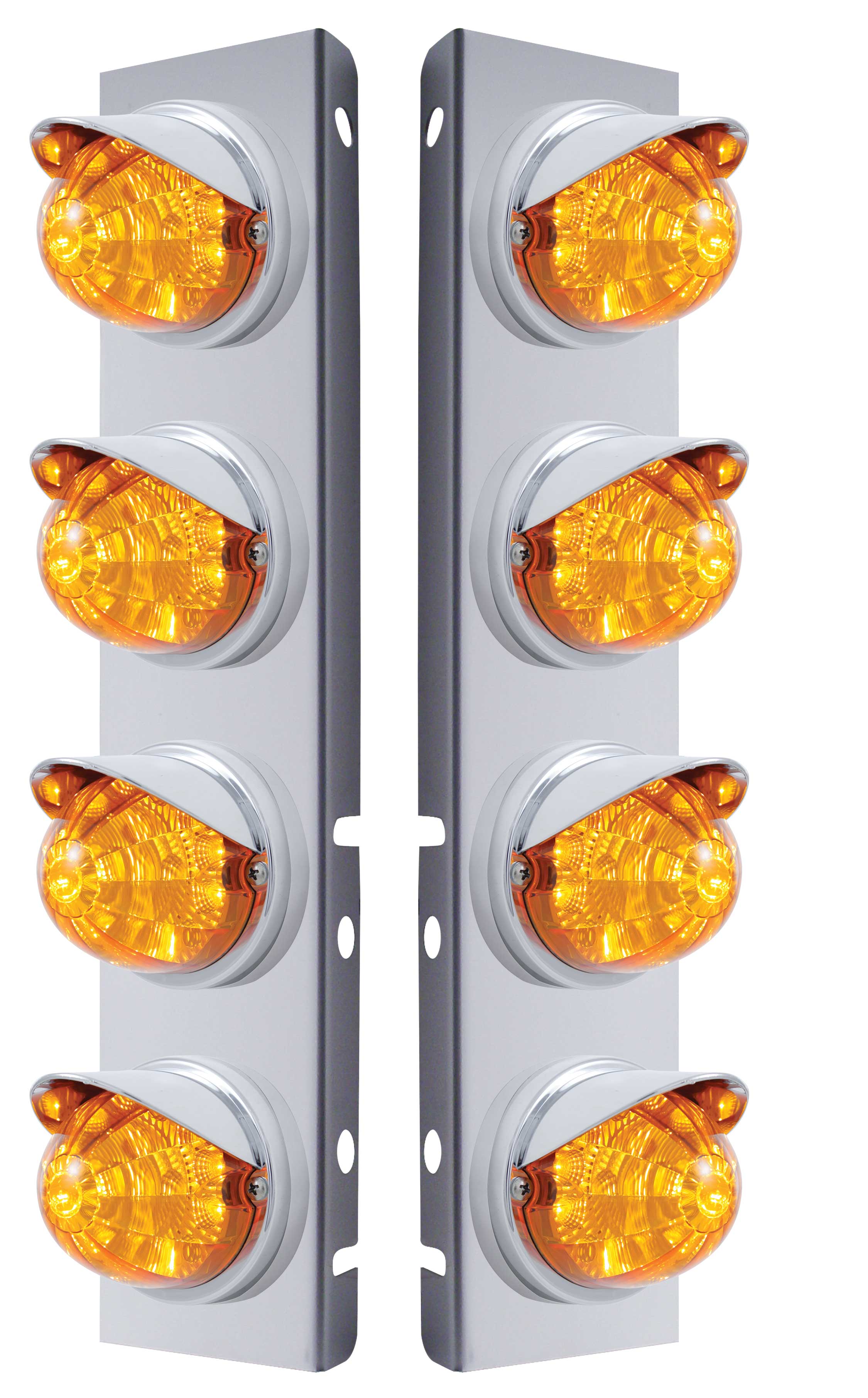 (2/Bulk) Stainless Steel Peterbilt 8 Led Cutout A/C Bracket W/ 17 Amber Led Watermelon W/ Reflector Cab Lt & Cr Visor - Amber Lens
