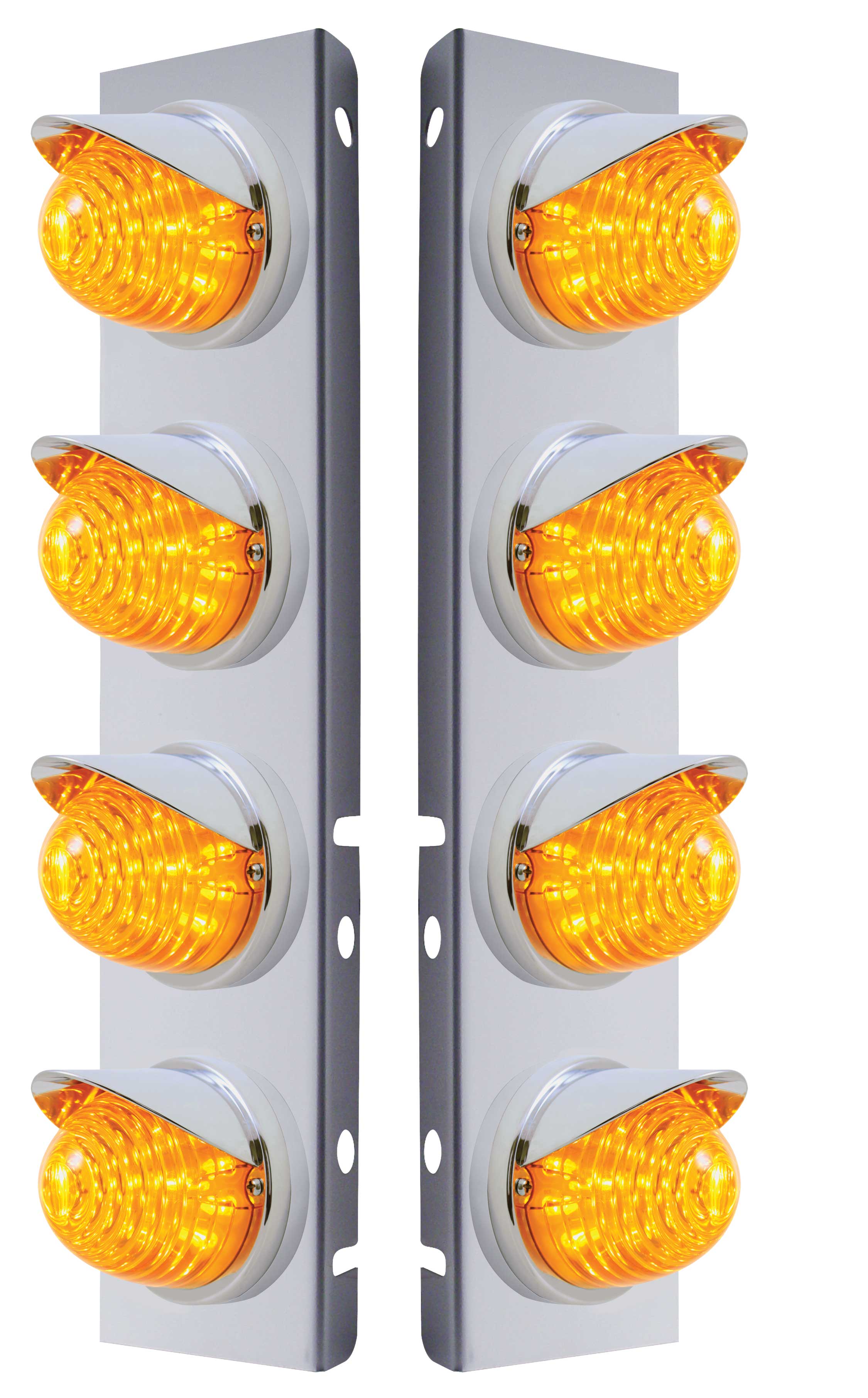 (2/Bulk) Stainless Steel Peterbilt 8 Led Cutout A/C Bracket W/ 17 Amber Led Beehive Cab Light & Cr Visor - Amber Lens