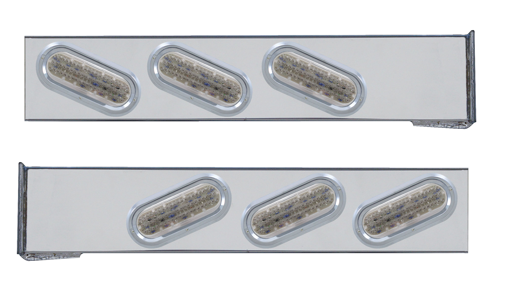(2/Bulk) Stainless Steel 2 Pcs. Rear Light Bar W/ 6 Slanted 60 Led Oval Clear Lens Light W/ Visor - 4 Hole Flange Mount