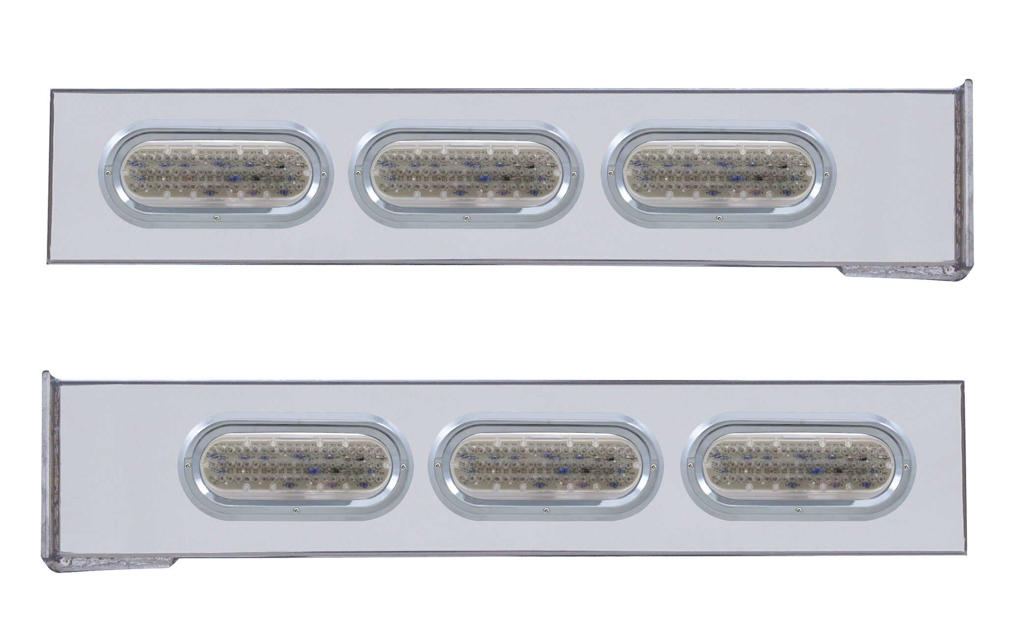 (2/Bulk) Stainless Steel 2 Pcs. Rear Light Bar W/ 6 Straight 60 Led Oval Clear Lens Light W/ Visor - 4 Hole Flange Mount
