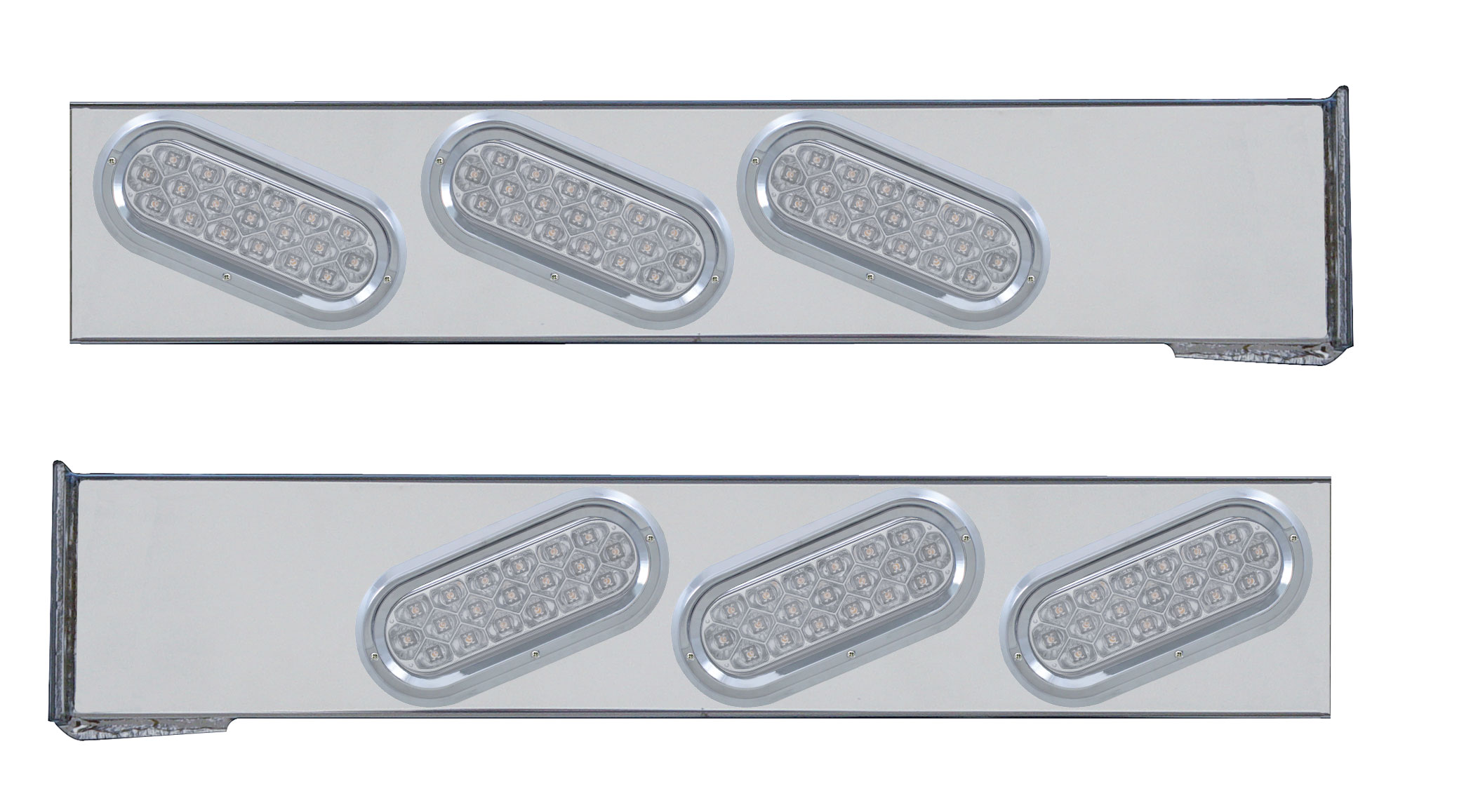 (2/Bulk) Stainless Steel 2 Pcs. Rear Light Bar W/ 6 Slanted 19 Led Oval Clear Lens Light W/ Visor - 4 Hole Flange Mount