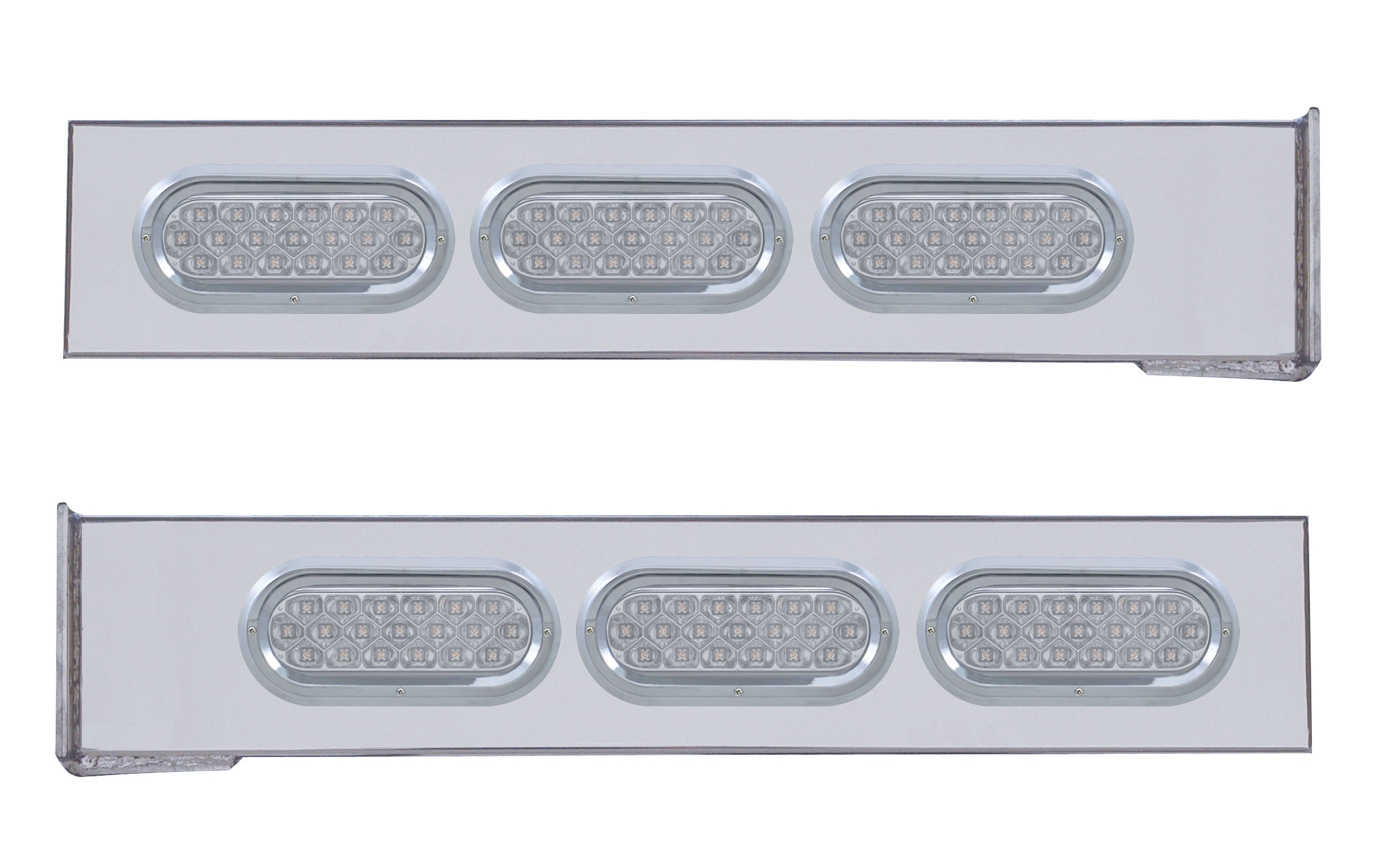 (2/Bulk) Chrome 2 Pcs. Rear Light Bar W/ 6 Straight 19 Led Oval Clear Lens Light W/ Visor - 4 Hole Flange Mount