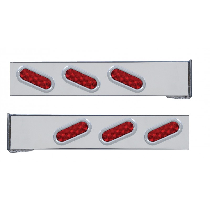 (2/Bulk) Chrome 2 Pcs. Rear Light Bar W/ 6 Slanted 10 Led Oval Red Lens Light W/ Bezel - 4 Hole Flange Mount