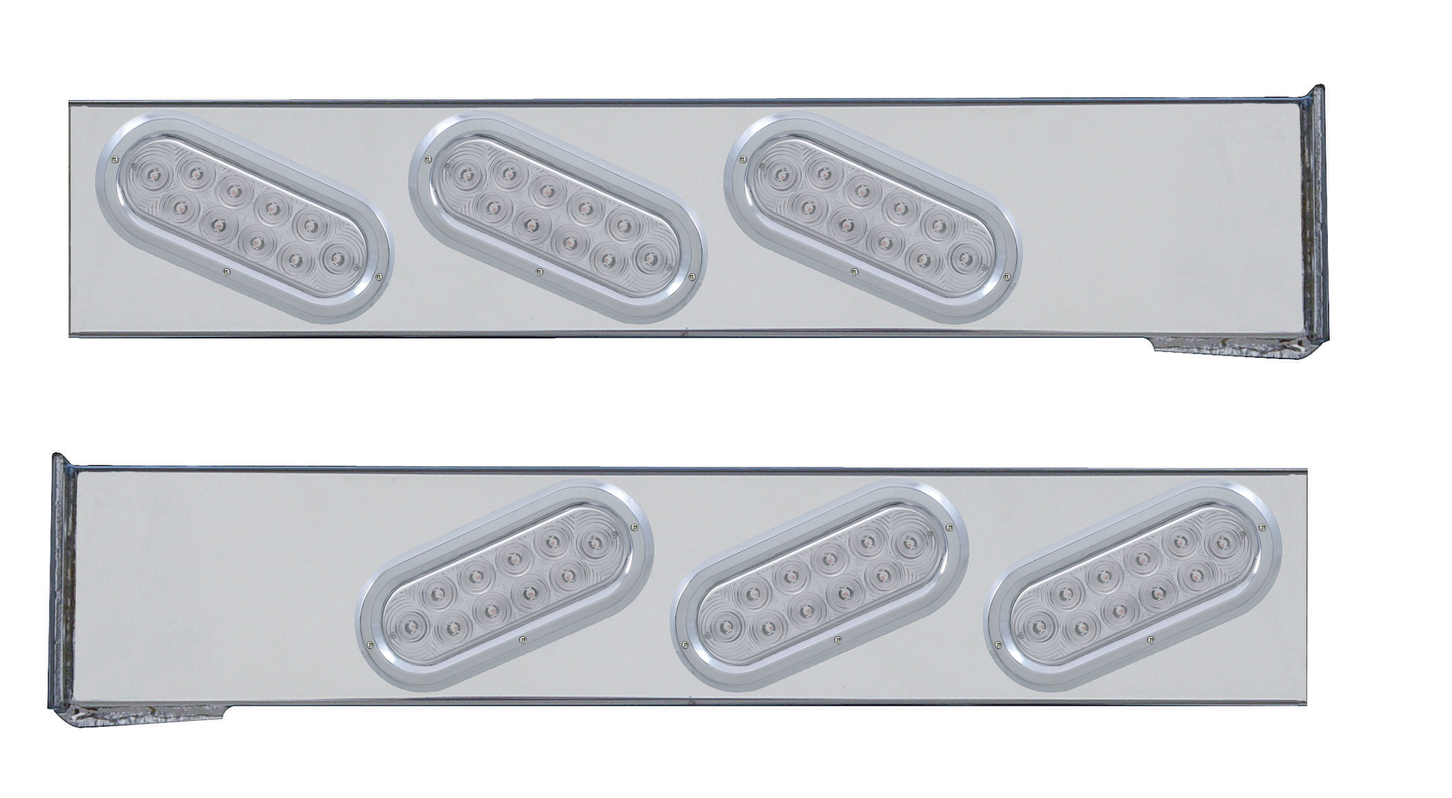 (2/Bulk) Chrome Rear Light Bar W/ Six 10 Red Led Slanted Oval Reflector Light W/ Bezel - Clear Lens