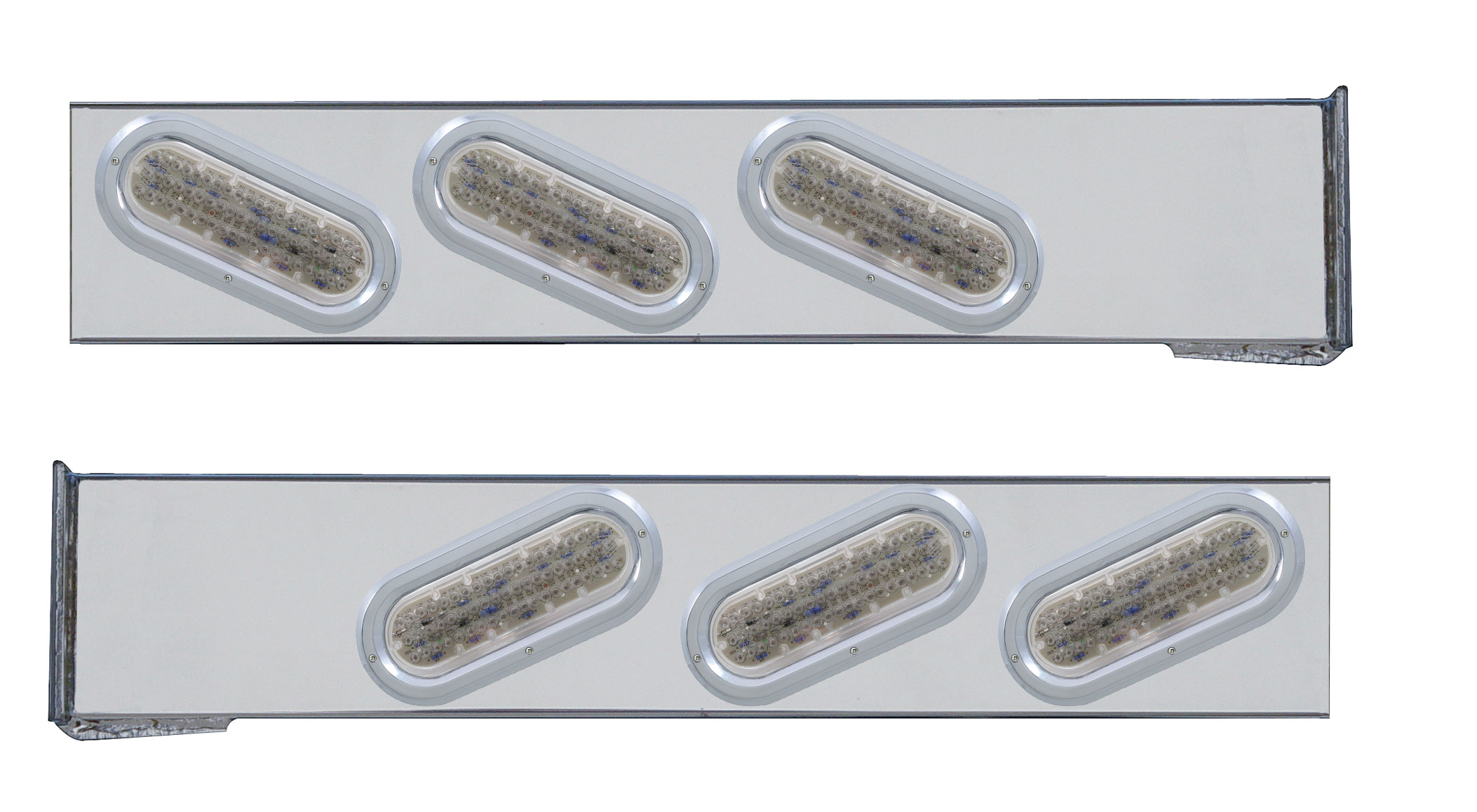 (2/Bulk) Stainless Steel 2 Pcs. Rear Light Bar W/ 6 Slanted 60 Led Oval Clear Lens Light W/ Bezel - 4 Hole Flange Mount