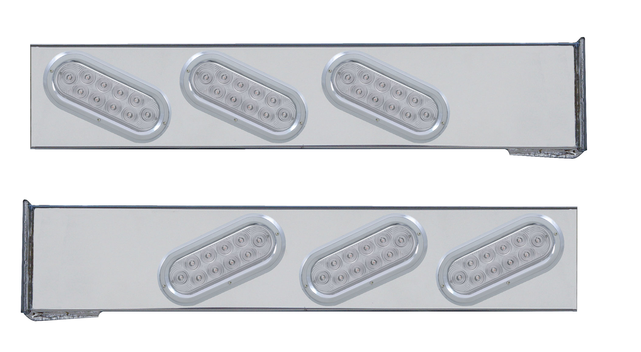 (2/Bulk) Stainless Steel Rear Light Bar W/ Six 10 Red Led Slanted Oval Reflector Light W/ Bezel - Clear Lens
