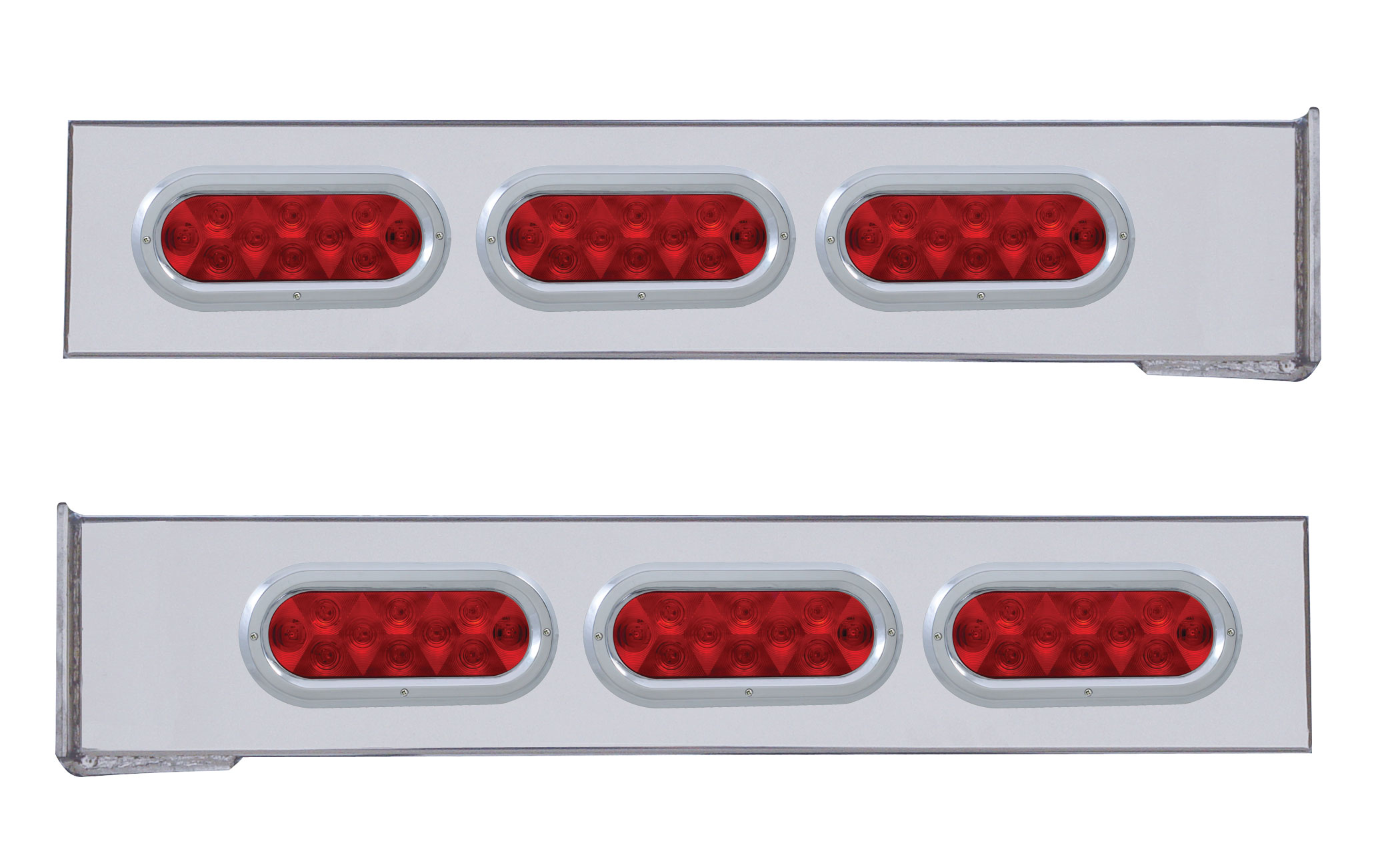 (2/Bulk) Stainless Steel 2 Pcs. Rear Light Bar W/ 6 Straight 10 Led Oval Red Lens Light W/ Bezel - 4 Hole Flange Mount