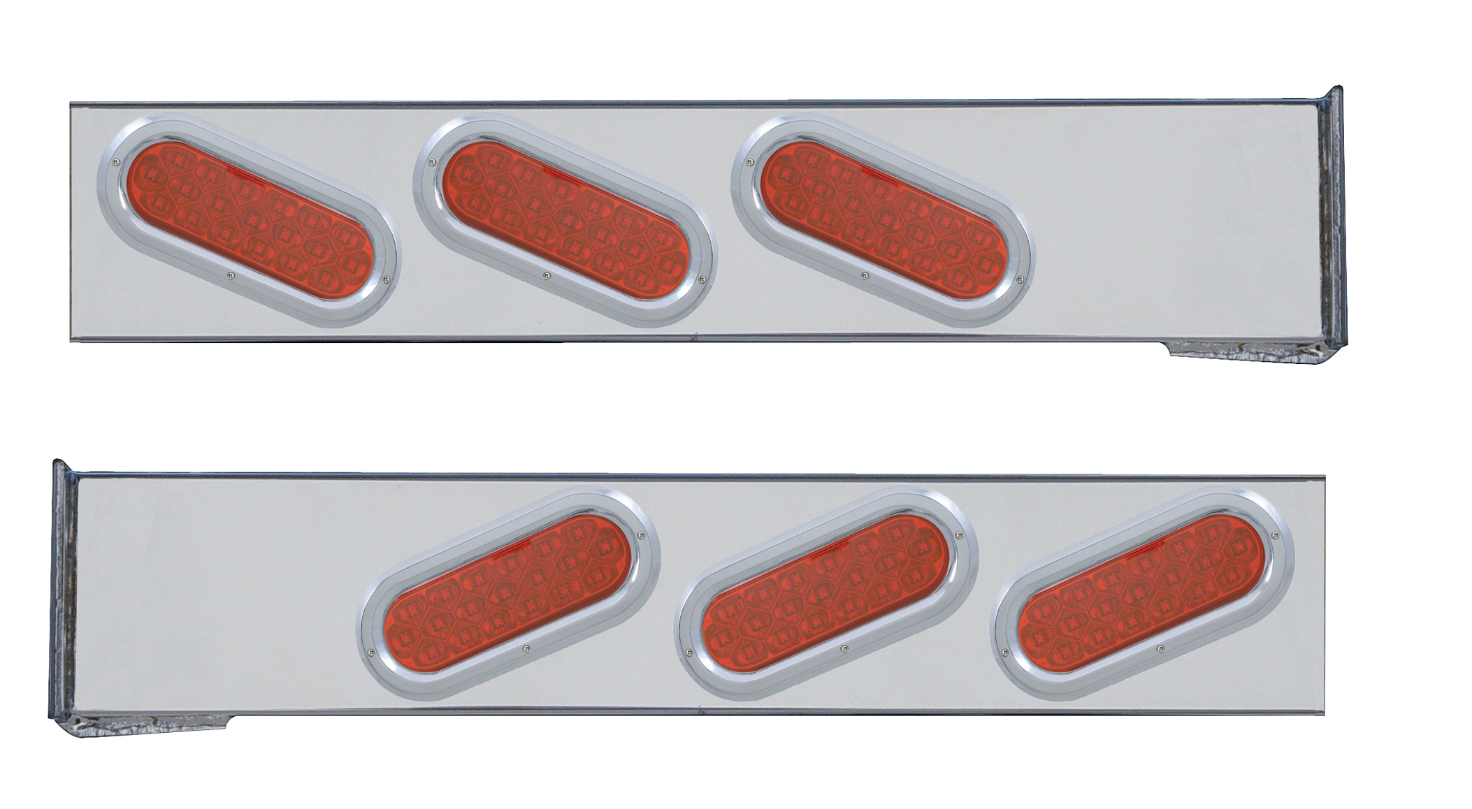 (2/Bulk) Stainless Steel 2 Pcs. Rear Light Bar W/ 6 Slanted 19 Red Led Oval Red Lens Light W/ Bezel - 4 Hole Flange Mount