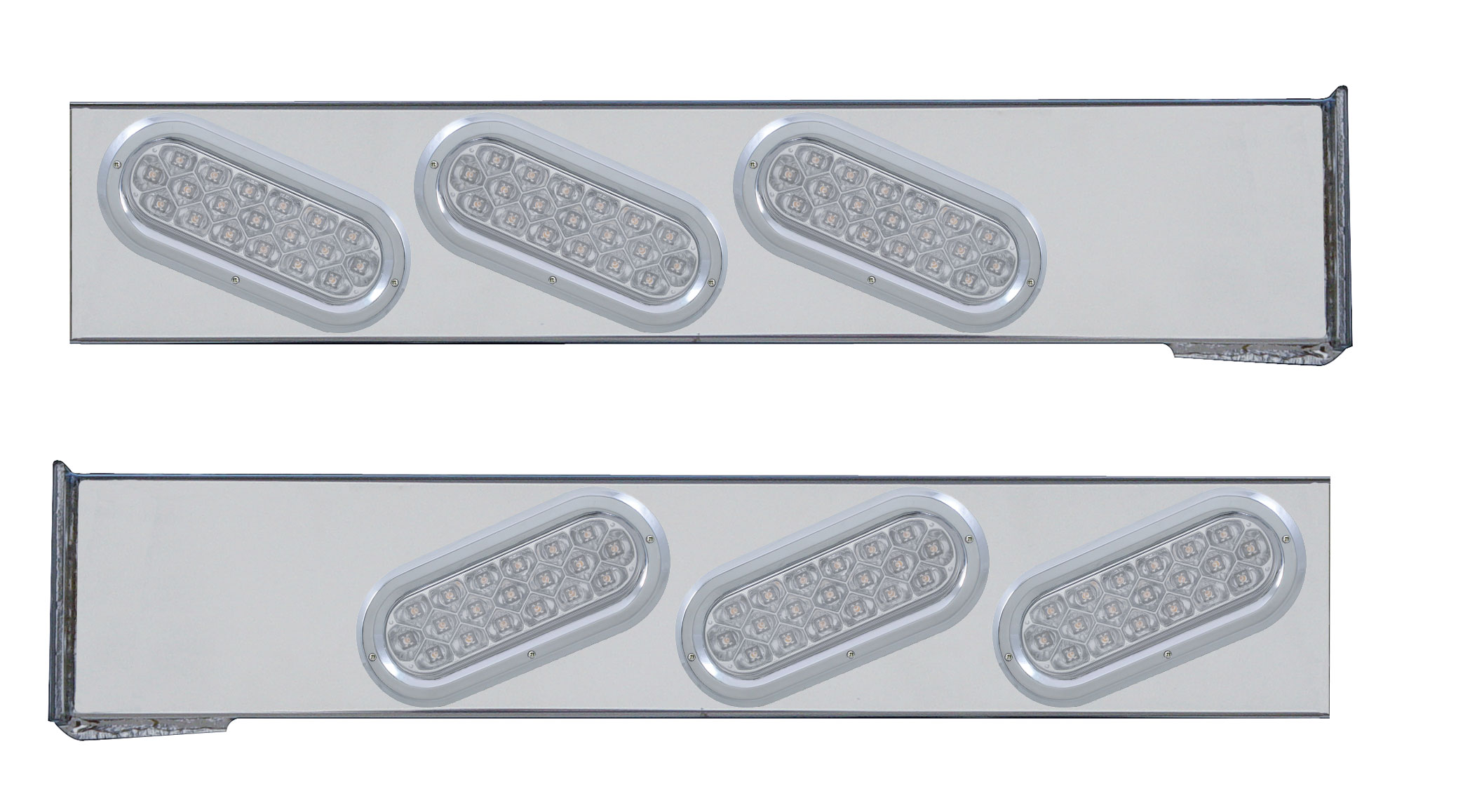 (2/Bulk) Stainless Steel 2 Pcs. Rear Light Bar W/ 6 Slanted 19 Red Led Oval Clear Lens Light W/ Bezel - 4 Hole Flange Mount