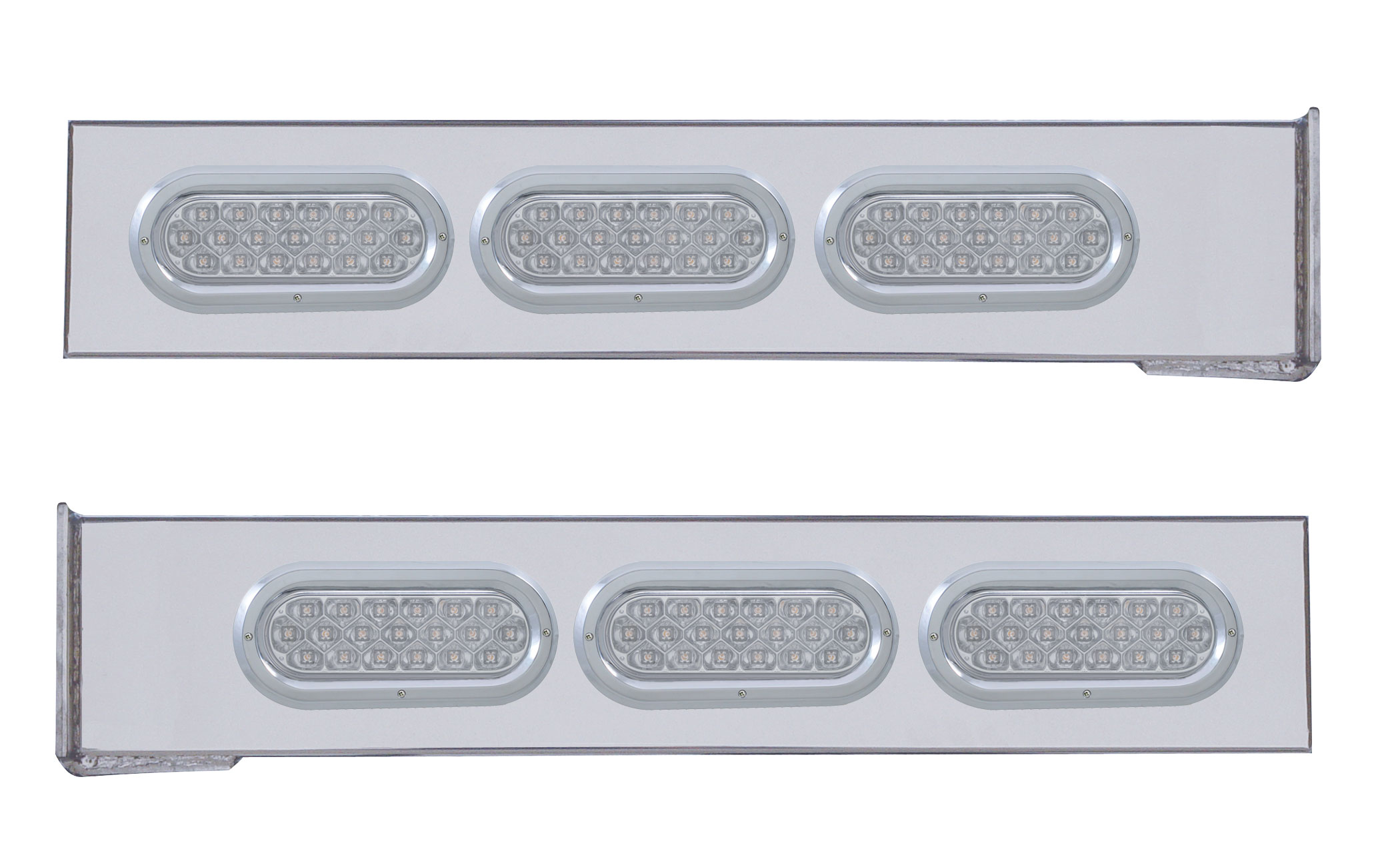 (2/Bulk) Chrome 2 Pcs. Rear Light Bar W/ 6 Straight 19 Led Oval Clear Lens Light W/ Bezel - 4 Hole Flange Mount