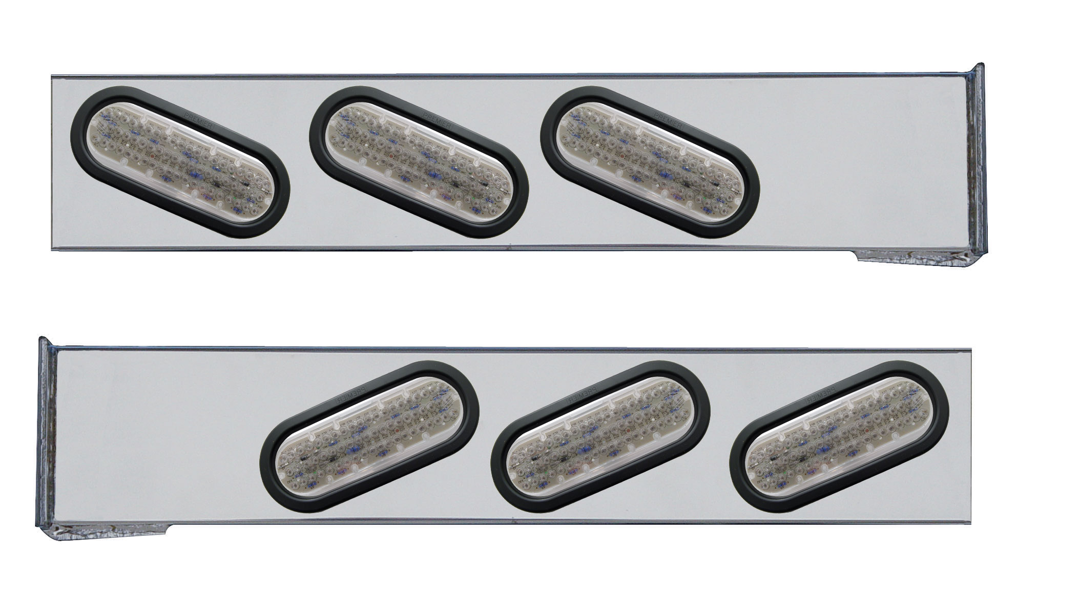 (2/Bulk) Stainless Steel 2 Pcs. Rear Light Bar W/ 6 Slanted 60 Led Oval Clear Lens Light W/ Grommet - 4 Hole Flange Mount