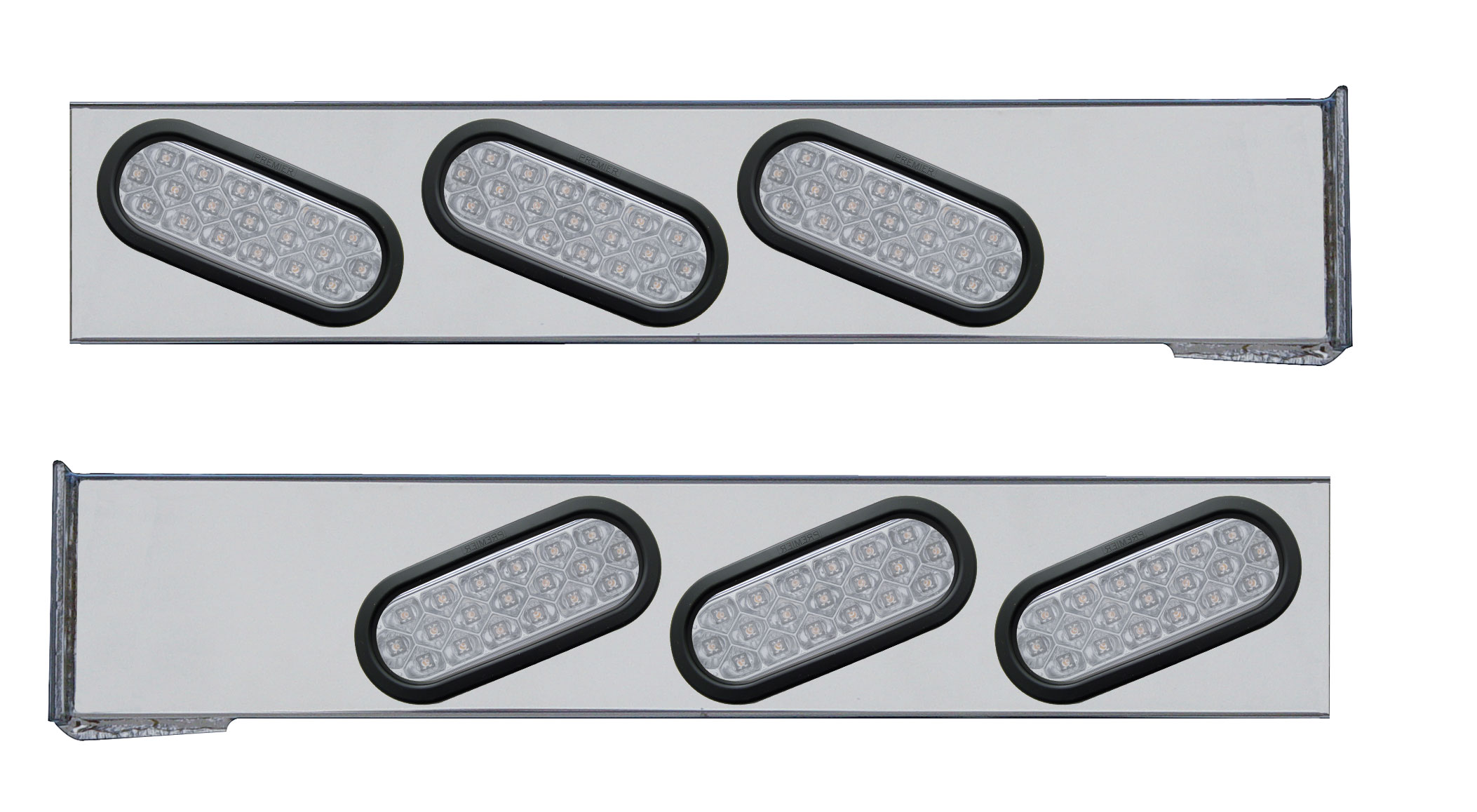 (2/Bulk) Stainless Steel 2 Pcs. Rear Light Bar W/ 6 Slanted 19 Led Oval Clear Lens Light W/ Grommet - 4 Hole Flange Mount