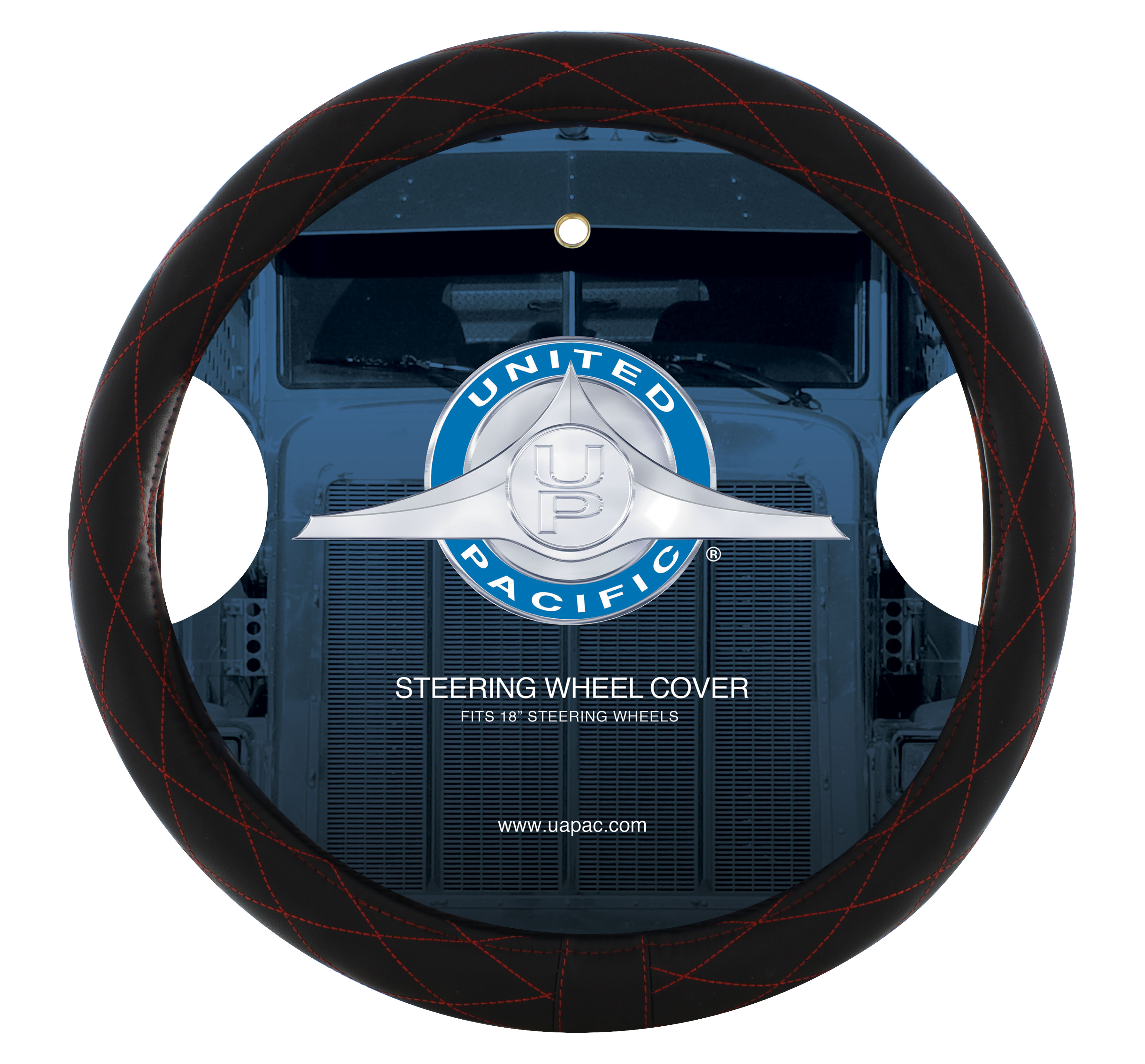 18" Black Diamond Stitched Leather Steering Wheel Cover - Red Diamond Stitching