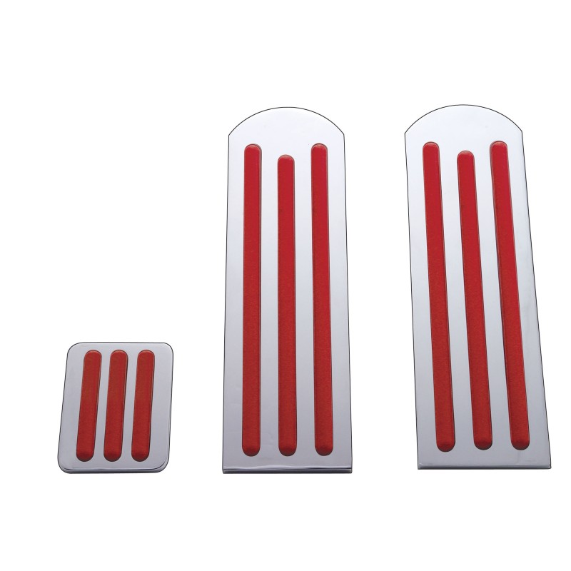 (3/Box) Chrome Aluminum Peterbilt Pedal Set W/ Rubber Insert - Red