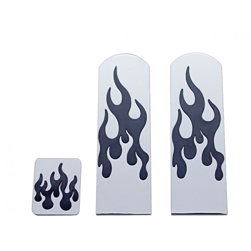 (3/Box) Chrome Aluminum Peterbilt Pedal Set W/ Rubber Flame Insert - Black