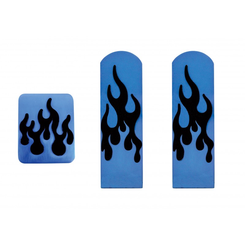(3/Box) Anodized Blue Aluminum Peterbilt Pedal Set W/ Rubber Flame Insert - Black