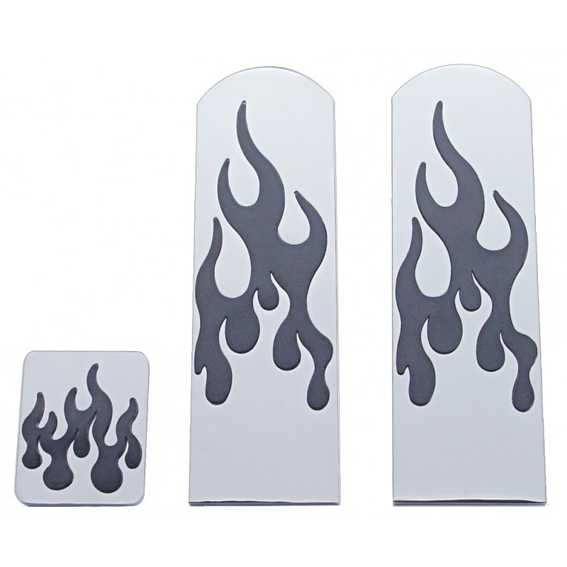 (3/Box) Brush Aluminum Peterbilt Flame Pedal Set W/ Rubber Insert - Black