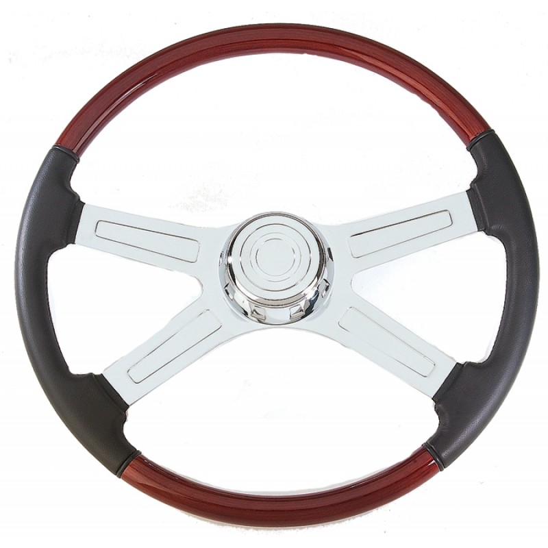 *Closeout* 20" Four Chrome Spoke Wood Steering Wheel W/ Leather & Black Center