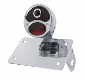 (B0X) "Bobber" Style "1928 Duo Lamp" Tail Light With Red Glass Lens & Blue Dot - Horizontal