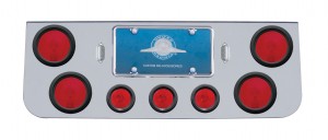 Deluxe Chrome Steel Rear Center Lt Panel W/ Four 4" & Three 2 1/2" Incandescent Flat Lt W/ Grommet - Red Lens