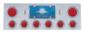 Stainless Steel Rear Center Light Panel W/ Two 4" & Six 2 1/2" Incandescent Beehive Light W/ Visor - Red Lens