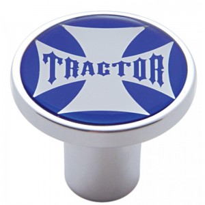 Chrome Air Valve Knob W/ Glossy "Tractor" Maltese Cross Sticker - Blue