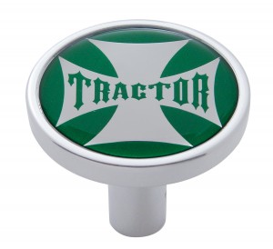 Chrome Long Pin Mount Air Valve Knob W/ Glossy " Tractor" Sticker - Green