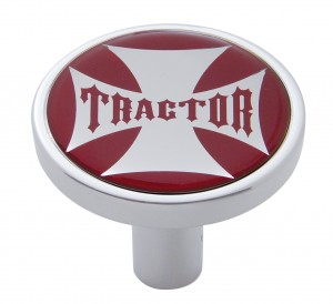 Chrome Long Pin Mount Air Valve Knob W/ Glossy " Tractor" Sticker - Red