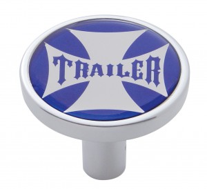 Chrome Long Pin Mount Air Valve Knob W/ Glossy "Trailer" Sticker - Blue