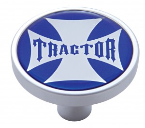 Chrome Short Pin Mount Air Valve Knob W/ Glossy "Tractor" Sticker - Blue