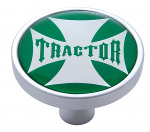 Chrome Short Pin Mount Air Valve Knob W/ Glossy "Tractor" Sticker - Green