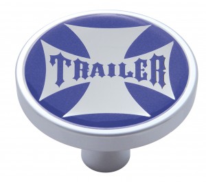 Chrome Short Pin Mount Air Valve Knob W/ Glossy "Trailer" Sticker - Blue