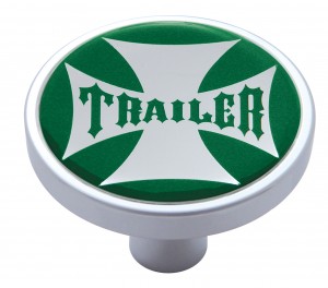 Chrome Short Pin Mount Air Valve Knob W/ Glossy "Trailer" Sticker - Green