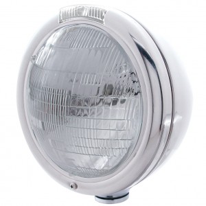 Stainless Steel "Classic" Peterbilt 6014 Sealed Beam Headlight W/ Incandescent Signal Light - Clear